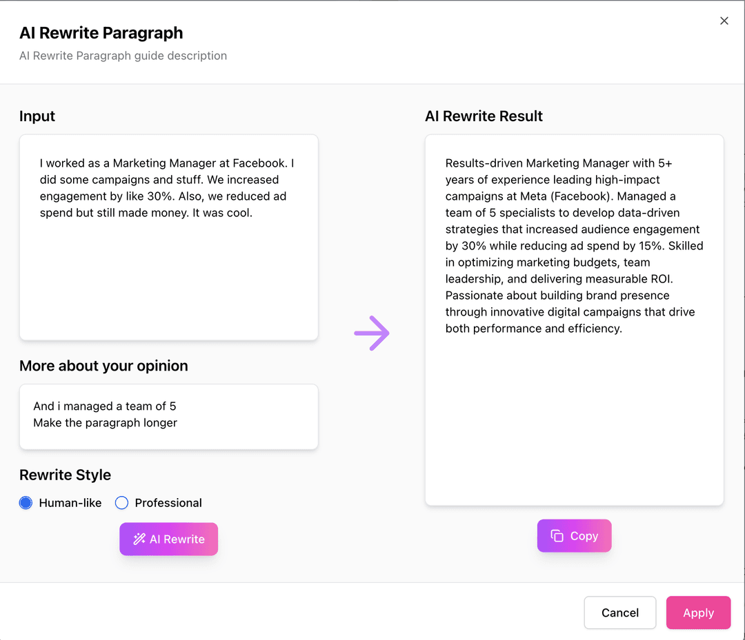 AI Rewrite Paragraph Feature Screenshot