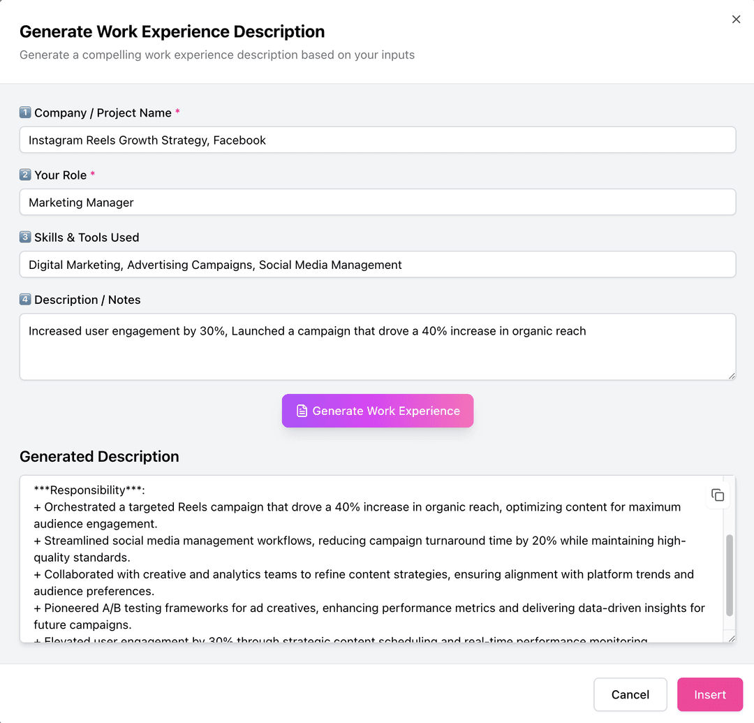 AI Generate Work Experience Feature Screenshot